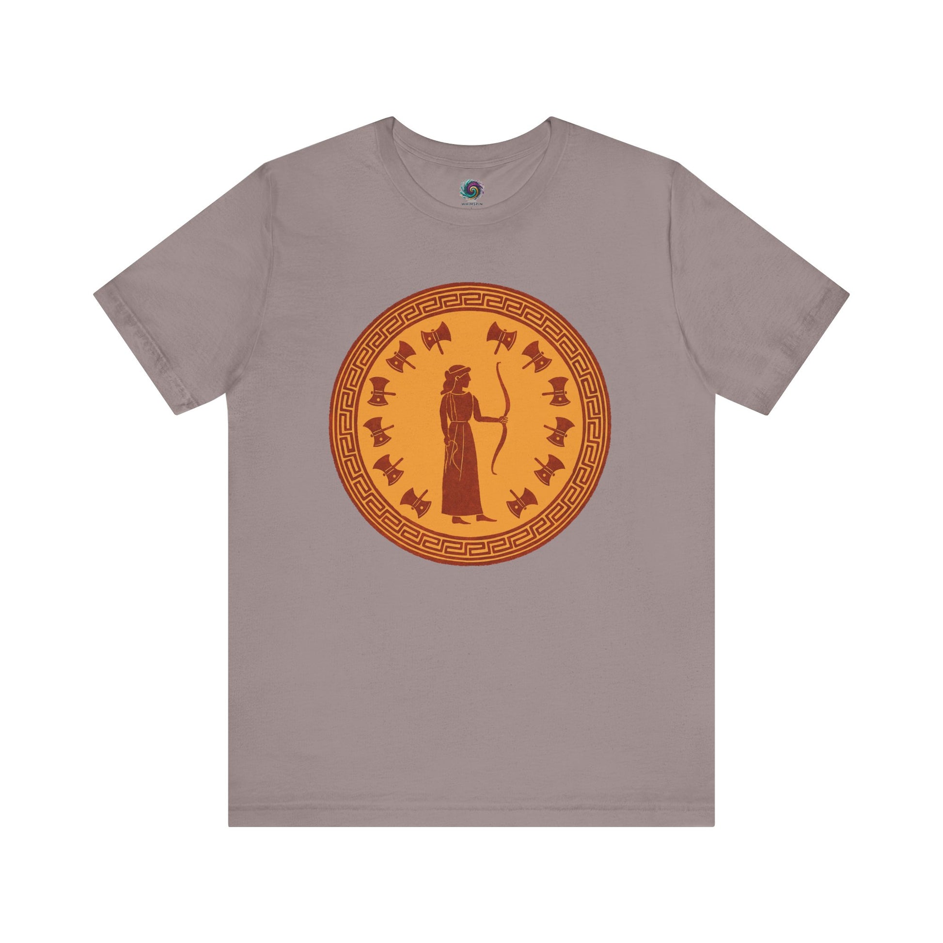 Tan Penelope Epic Queen of Ithaca T shirt from Whimspin. The shirt features an image of a woman in ancient Grecian robes holding a bow and surrounded by 12 axes. The images is in terracotta cotta red and gold in the style of ancient amphora art. 