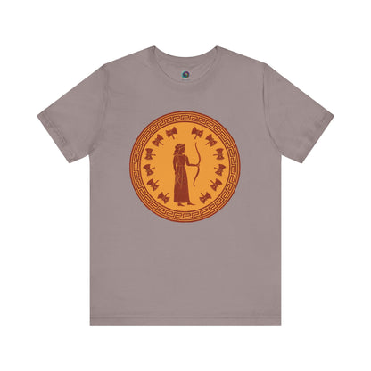 Tan Penelope Epic Queen of Ithaca T shirt from Whimspin. The shirt features an image of a woman in ancient Grecian robes holding a bow and surrounded by 12 axes. The images is in terracotta cotta red and gold in the style of ancient amphora art. 