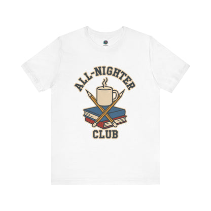 White t-shirt with 'All-Nighter Club' graphic design featuring a mug, books, and crossed sticks on a white background. All-Nighter Club T-Shirt – Funny Caffeine & Study Tee for Night Owls