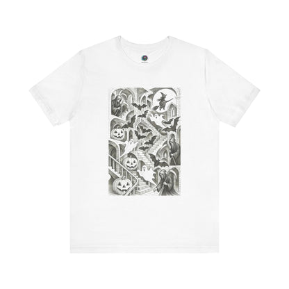 White tee with haunted hallway design inspired by Escher’s house of stairs