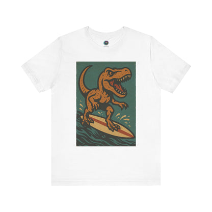 White Surfing t-rex t shirt  from WhimSpin- A rearing t Rex riding a yellow surf board on the waves