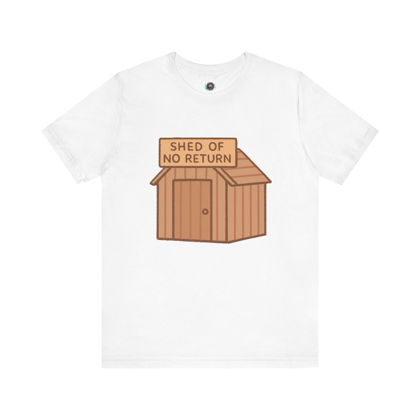 White t-shirt with a wooden shed graphic and 'Shed of No Return' text on a white background from whimspin