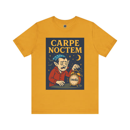 yellow t shirt with 'Carpe Noctem' graphic design featuring a vampire with an alarm clock and moon. Perfect for Halloween parties and night owls
