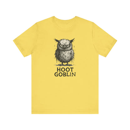 Yellow t-shirt with an owl graphic and 'Hoot Goblin' text on a white background